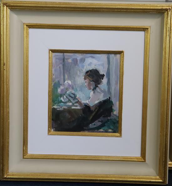 § Sherree Valentine Daines (1956-) Young lady reading a book 8.5 x 7.25in.